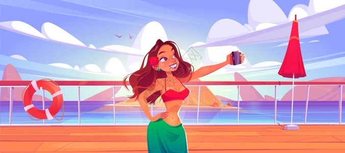 滨水区美丽的卡通女孩在游船甲板上自拍插画