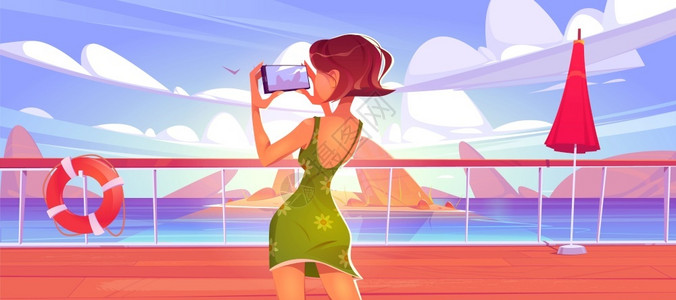 海滩照片女孩在游轮甲板上用智能手机拍摄照片矢量插图插画