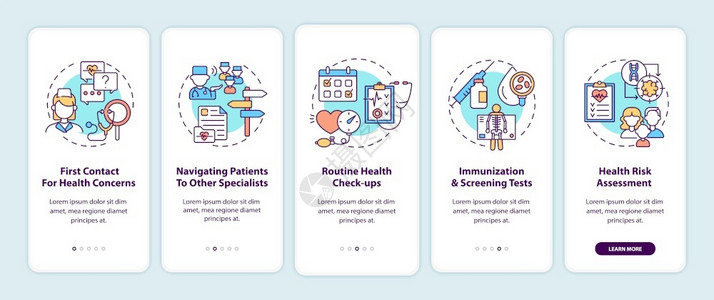 家庭医生在带概念的移动应用程序页面屏幕上承担家庭医生的任务疗保健通过五步图形说明UIUX带有线颜色插图的形用户界面矢量模板家庭医插画