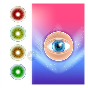 彩色联系人Lenses广告海报矢量红绿蜂蜜和翡翠多彩镜头光学设备正确视觉化妆工具模板3d说明彩色联系人Lenses广告海报矢量插画