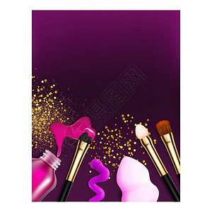 花甲米线海报紫和玫瑰花甲的动脉波兰和布鲁希斯女美容化妆品在背景上画液体和闪光片概念模板3d说明插画