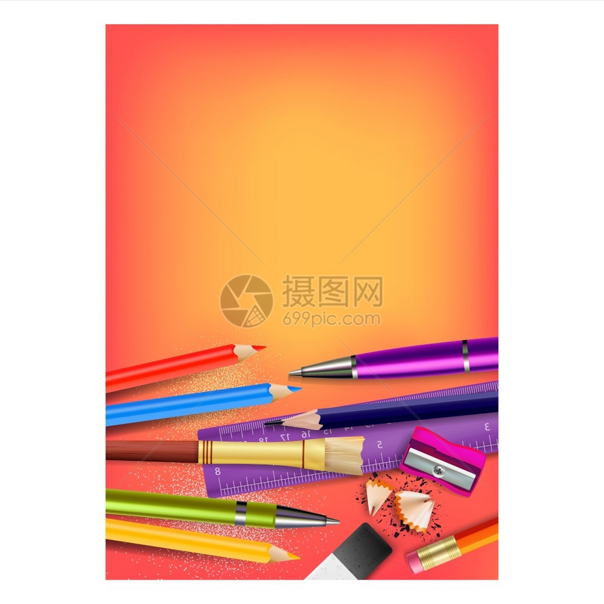 学校销售工具商店促广告Banner矢量器标尺和EraserPencilSharpeener和剃须笔为学校准备的绘画笔刷文具设备概图片