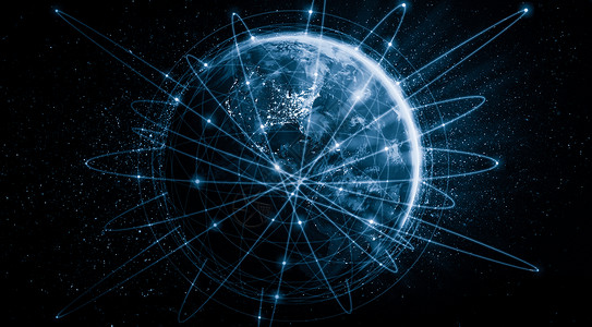 蓝色立体感空间5G无线数字连接概念和在互联网上事物的未来3D插图全球网络连接以创新概念的线路覆盖地球背景