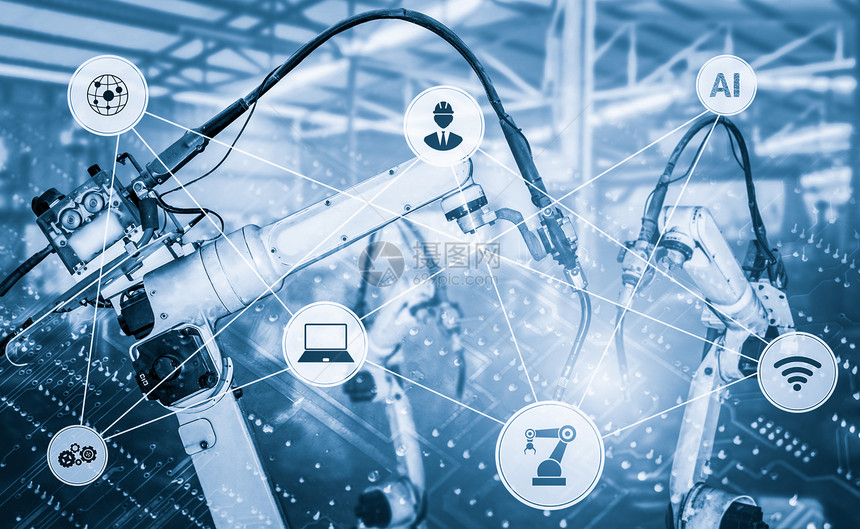 用于数字工厂生产技术的智能工业机器人武显示工业40或第次工业革命的自动化制造过程和用于控制操作的IOT软件图片