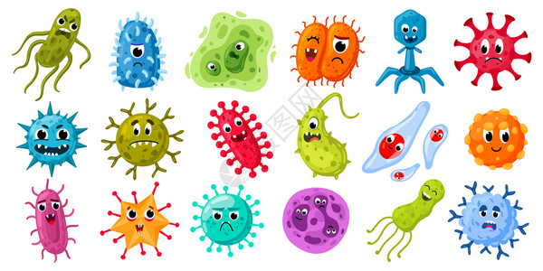 弯曲杆菌病卡通微生物和带滑稽面孔细菌和疾吉祥物的刻度字符病原体微生物矢量插图微生物危险病原体微矢量插图插画