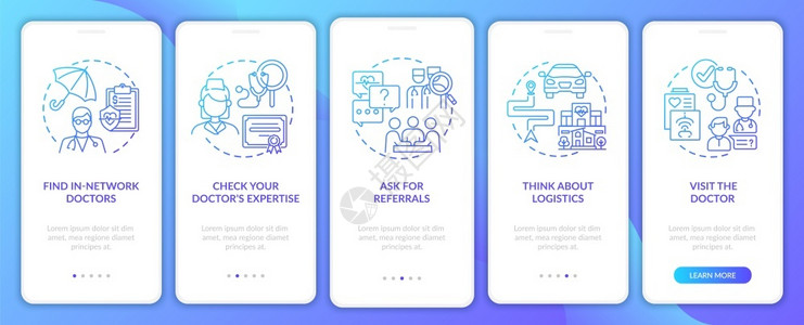 选择初级护理医生向海军提供在移动应用程序页面屏幕上安装概念的提示物理医生通过5步图形指示UIUX带有线颜色图解的形用户界面矢量模插画