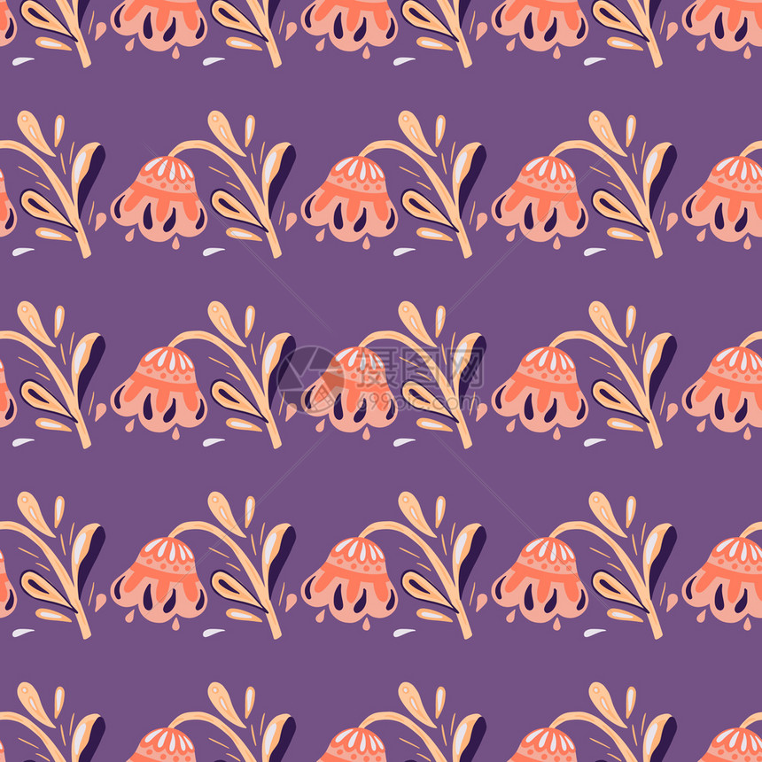 粉红鲜花手绘制了无缝图案用涂鸦风格绘制了无缝图案紫色背景简单植物艺术作品织设计纺品印刷包装封面的饰背景矢量图解粉红鲜花手绘制了无图片