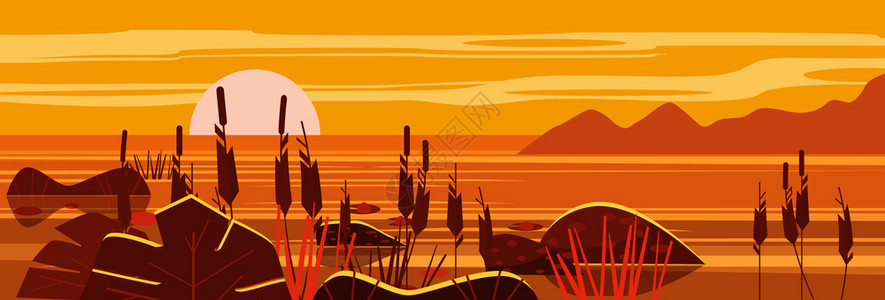 秋天美丽的岛屿落日风景矢量插画背景图片