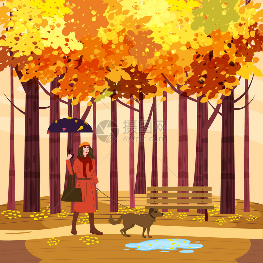 秋季在公园遛狗的青年女子图片