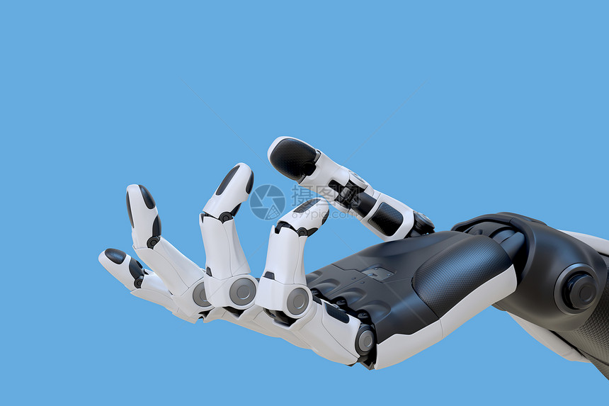 3D插图机器人和手在蓝色背景上被孤立图片