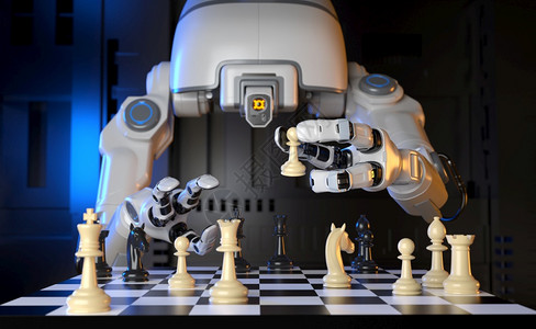 自己玩后果SciFi工业机器人自己玩象棋游戏3D插图机器人玩象棋游戏背景