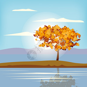 秋季公园湖泊风景黄色的树矢量插画图片