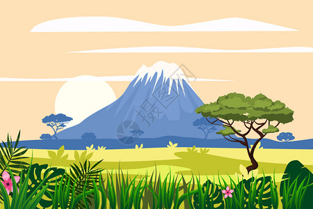 热带山非洲稀树草原景观矢量插画插画