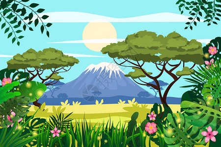 非洲稀树草原景观矢量插画图片