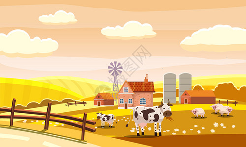 羊矢量图秋季农场景观矢量图插画