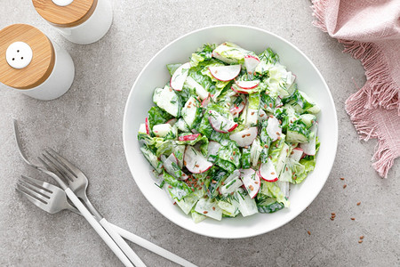 新鲜蔬菜沙拉包括绿色生菜萝卜和黄瓜加绿洋葱和希腊酸奶图片