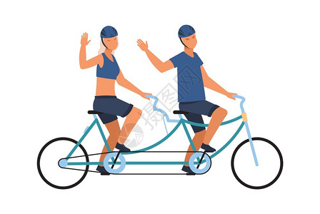 男女骑双车手挥一对健康生活方式男女穿运动服装和戴头盔的矢量卡通插图骑双自行车和手挥的男女玩得愉快一对健康的生活方式身穿运动服和戴背景图片
