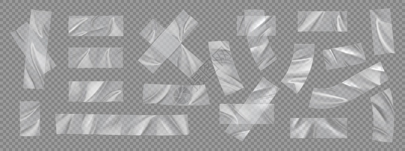 透明胶片素材透明胶带具有撕裂边缘的现实粘合胶片用于修补或简单的3D胶条具有塑料皱纹的粘合带和孤立的聚乙烯片矢量标签带有撕裂边缘的现实粘合胶片插画