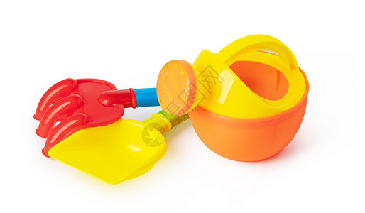 黄色铲子玩具白种背景隔离的婴儿玩具桶和铲子雷克白种背景隔离的海滩玩具背景