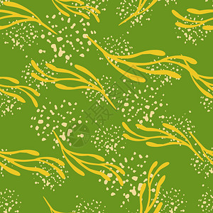 黄色复古纸张植物花卉无缝模式有随机黄色树枝打印绿色背景有喷洒设计用于织物纺品印刷包装覆盖矢量说明植物花卉无缝模式有喷洒插画