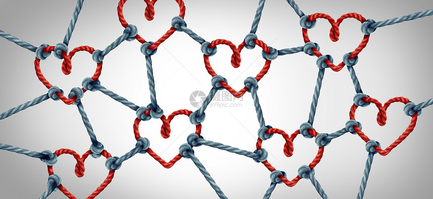 爱网络团结或伙伴关系团队和精神概念作为将各种绳子连接在一起的比喻作为合和工协的心脏图片
