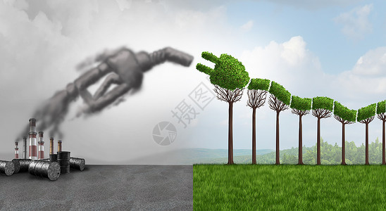 气体喷嘴和绿色电动汽车想法或EV可再生车辆态能源用植物和树叶作为替代天然燃料作为3D插件用于清洁空气的替代天然燃料以保存环境背景图片