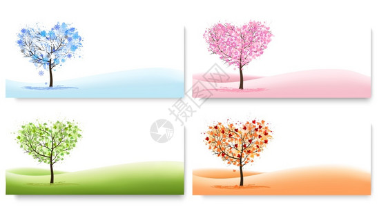 四种自然背景有代表不同季节的石质化树木冬季春夏秋矢量图片
