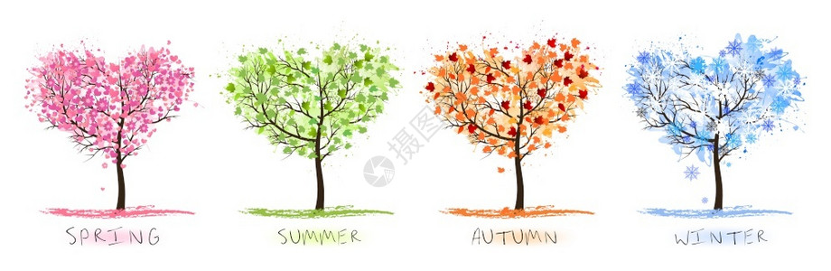 花代表素材代表不同季节的四棵树春天夏秋冬矢量插画