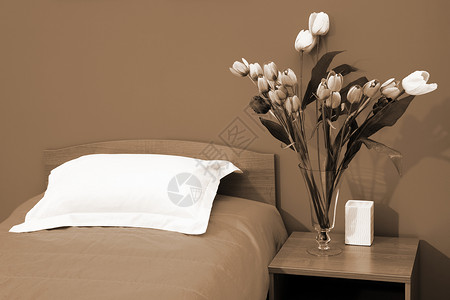 美丽的郁金香睡在有遮盖的床上高清图片