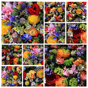 十张不同的混合花束图像在一个高分辨率拼图中背景