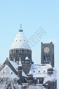 哈勒姆的圣巴沃大教堂冬季满是雪背景图片