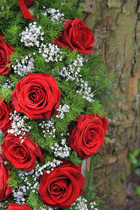 红色玫瑰和白的吉普西拉 在花圈中,细节在一棵树附近图片