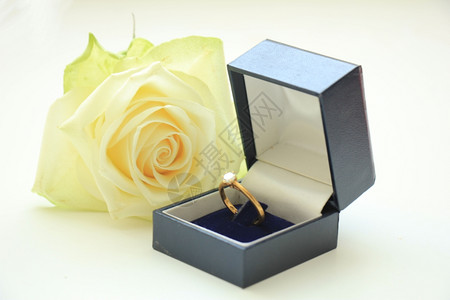 装在盒子和象牙白玫瑰中的订婚戒指背景图片