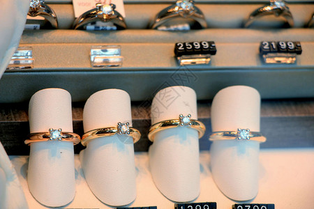 在商店窗口中的独家钻石订婚戒指背景图片
