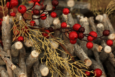 圣诞桌装饰红浆果和木图片