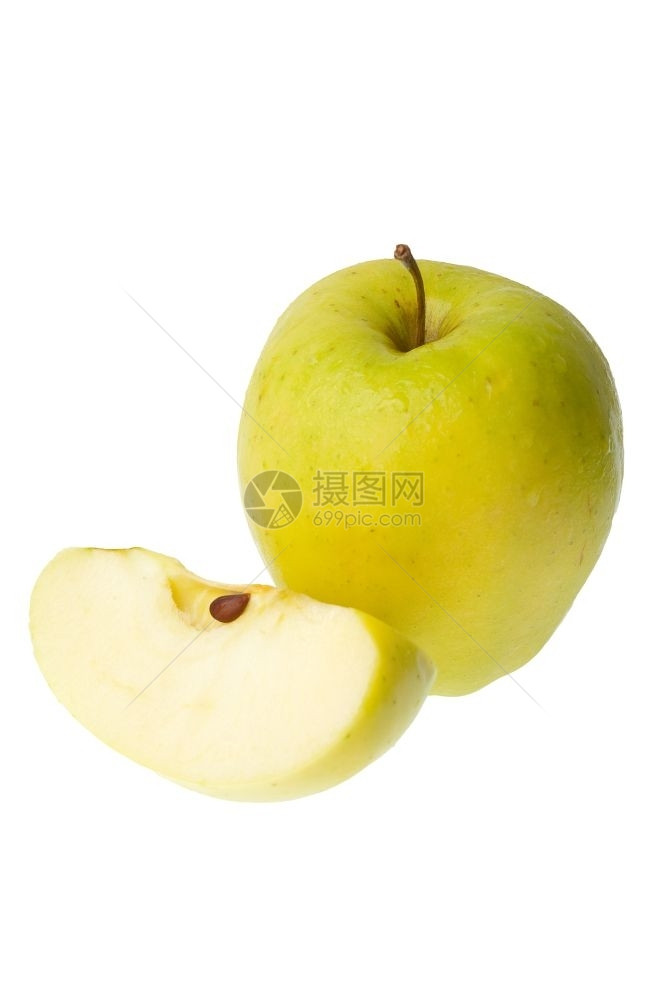 一个半全新的绿色苹果孤立在白色背景图片