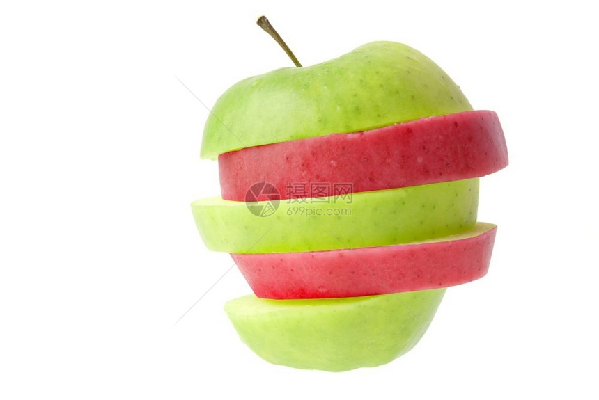 红色和绿切片苹果孤立在白色背景图片