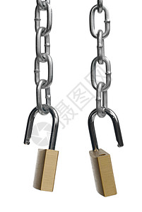 两个开着的锁和链子孤立在白色背景图片