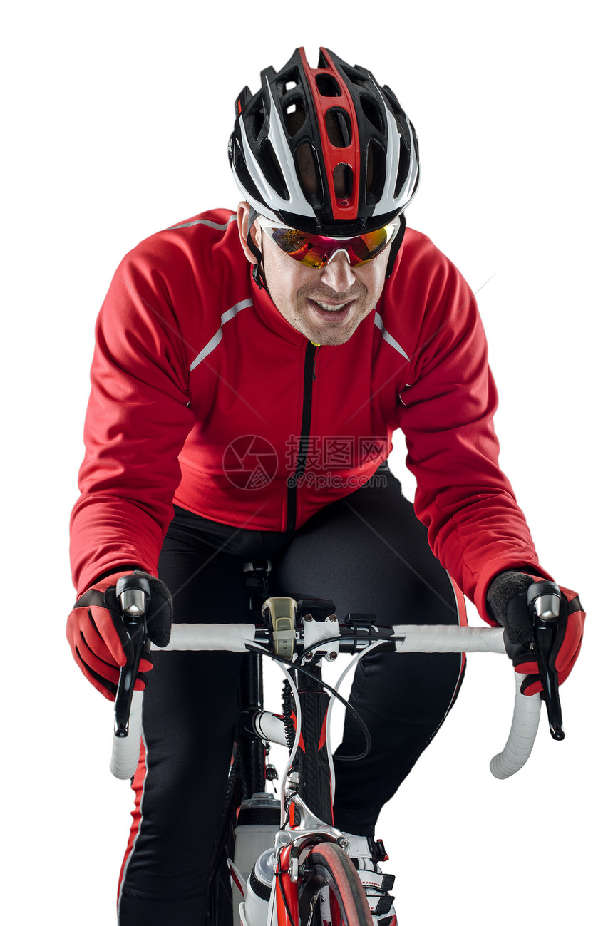 自行车运动员骑孤立在白色背景图片