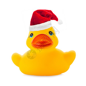 橡皮黄鸭圣诞礼帽是装饰白色背景图片
