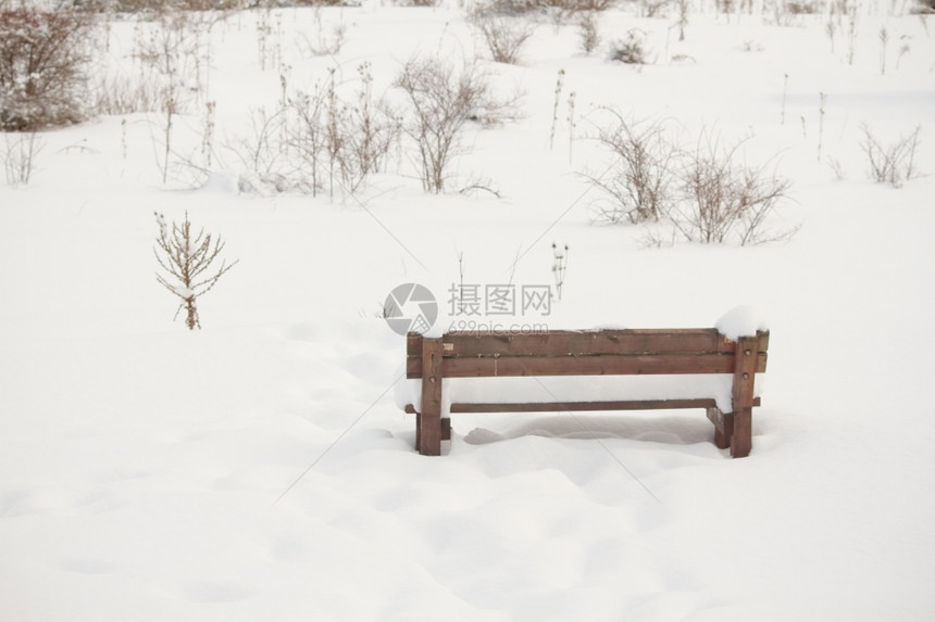 雪覆盖的野餐场长椅白日景图片