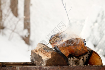 在一个野餐田中埋有雪的壁炉里烧柴火图片