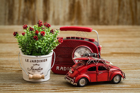 木本制人造花老式收音机和红色玩具车图片