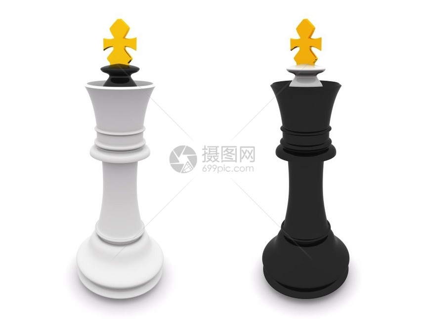 白上孤立的黑国王和3D际象棋图片