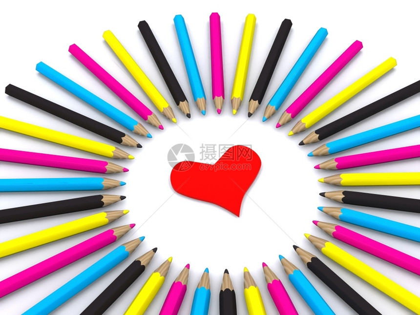 心脏周围的彩色铅笔3D图片