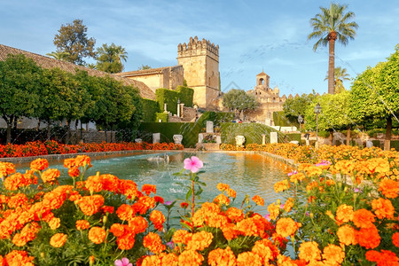 耶洛斯阿尔卡扎德洛斯雷耶克里蒂亚诺的鲜花园和喷泉克里斯蒂安国王皇宫科尔多瓦安达卢西亚班牙背景