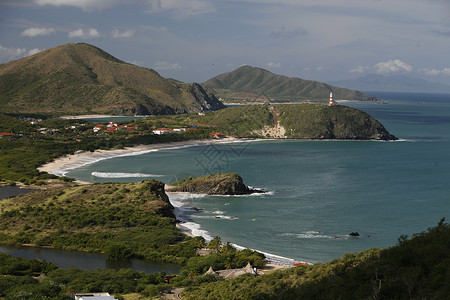 在委内瑞拉海洋中玛格丽塔岛的PedroGonzalaz镇的PiedroGonzalaz海滩岸背景