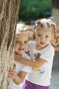 两个孩子姐妹同时从一棵树后面用只手向外看图片