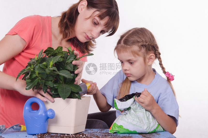 母亲带着女儿玩植物盆图片