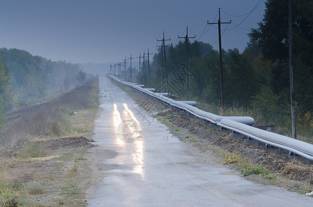 绣球沿轨道汽车在清晨沿管道阴云模糊的木材沥青公路上行驶铁轨铺在树林中路两侧经过一条输电线背景